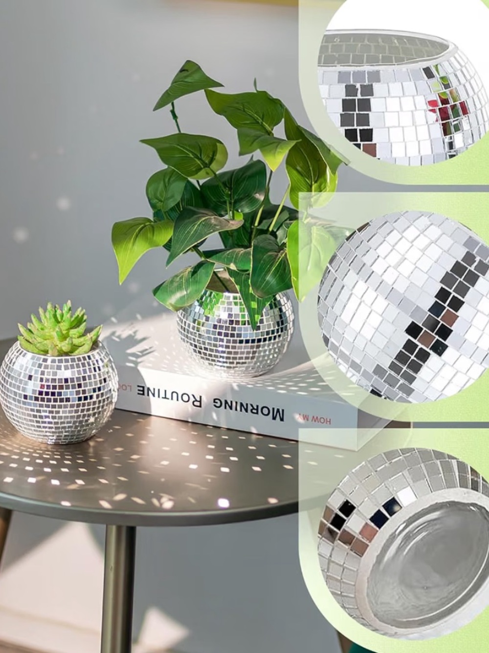 X3 Silver Disco Mirror Glass Planter set - Round Reflective Pot